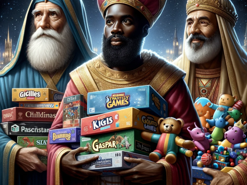 los tres reyes magos con regalos de juegos de mesa